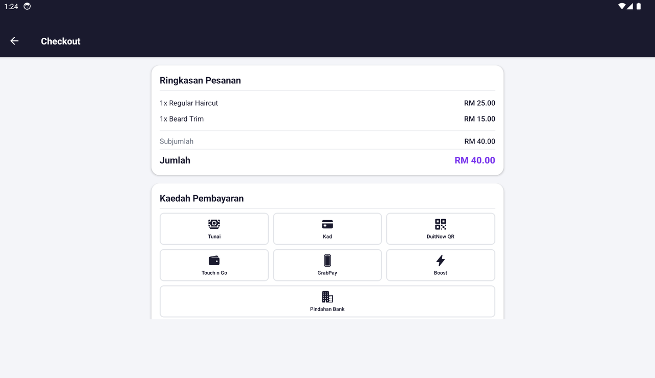 Payment: choose the method and confirm