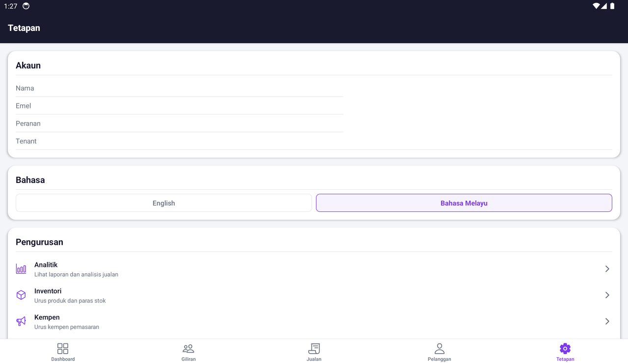 Settings: account, language and management